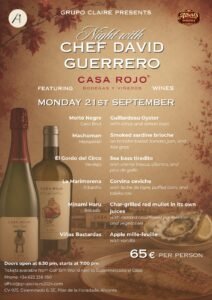 Event poster for a night with Chef David Guerrero featuring Casa Rojo wines on Monday 21st September, with a six-course food and wine menu, €65 per person in Pilar de la Horadada.